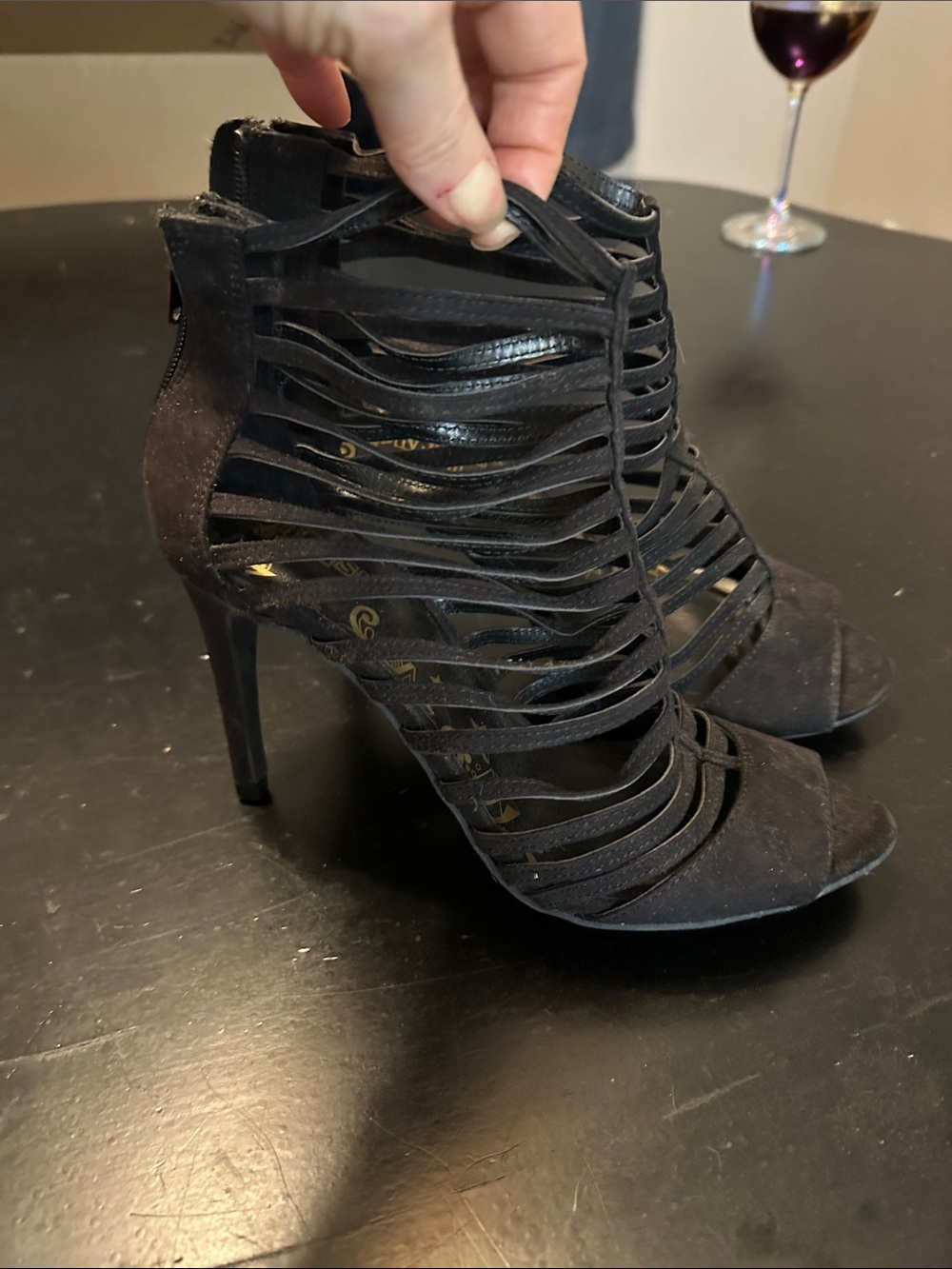 Brash Black Strappy Cage Stiletto Heels